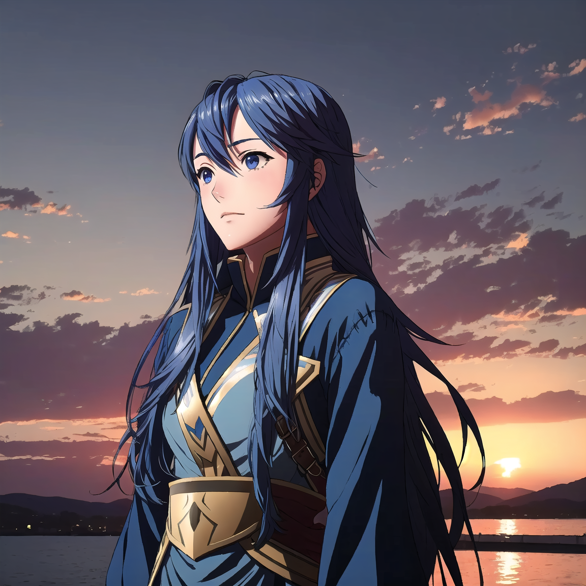 00346-3383321308-FE13, FE16, FE13-Style, Fire Emblem, Fire Emblem Awakening, sunrise, light top left, Lucina, 1 girl, Blue hair, Blue eyes, Teena.png